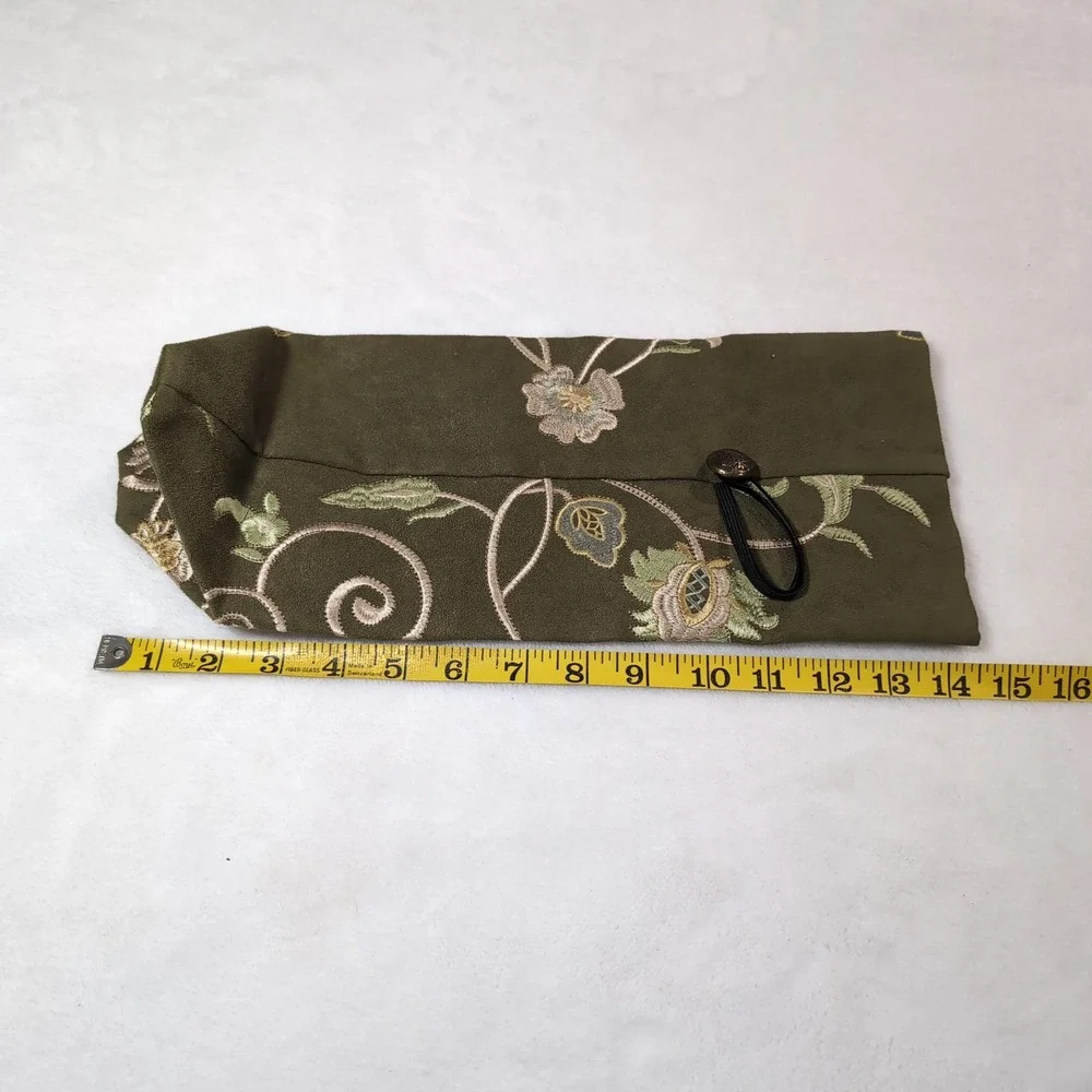 Embroidered Floral Wine Bag Gift Bag Olive Green Reusable Fabric Hostess Carrier